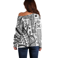 Samoa Tapa Off Shoulder Sweater Siapo Mix Tatau Patterns - White LT7 - Polynesian Pride