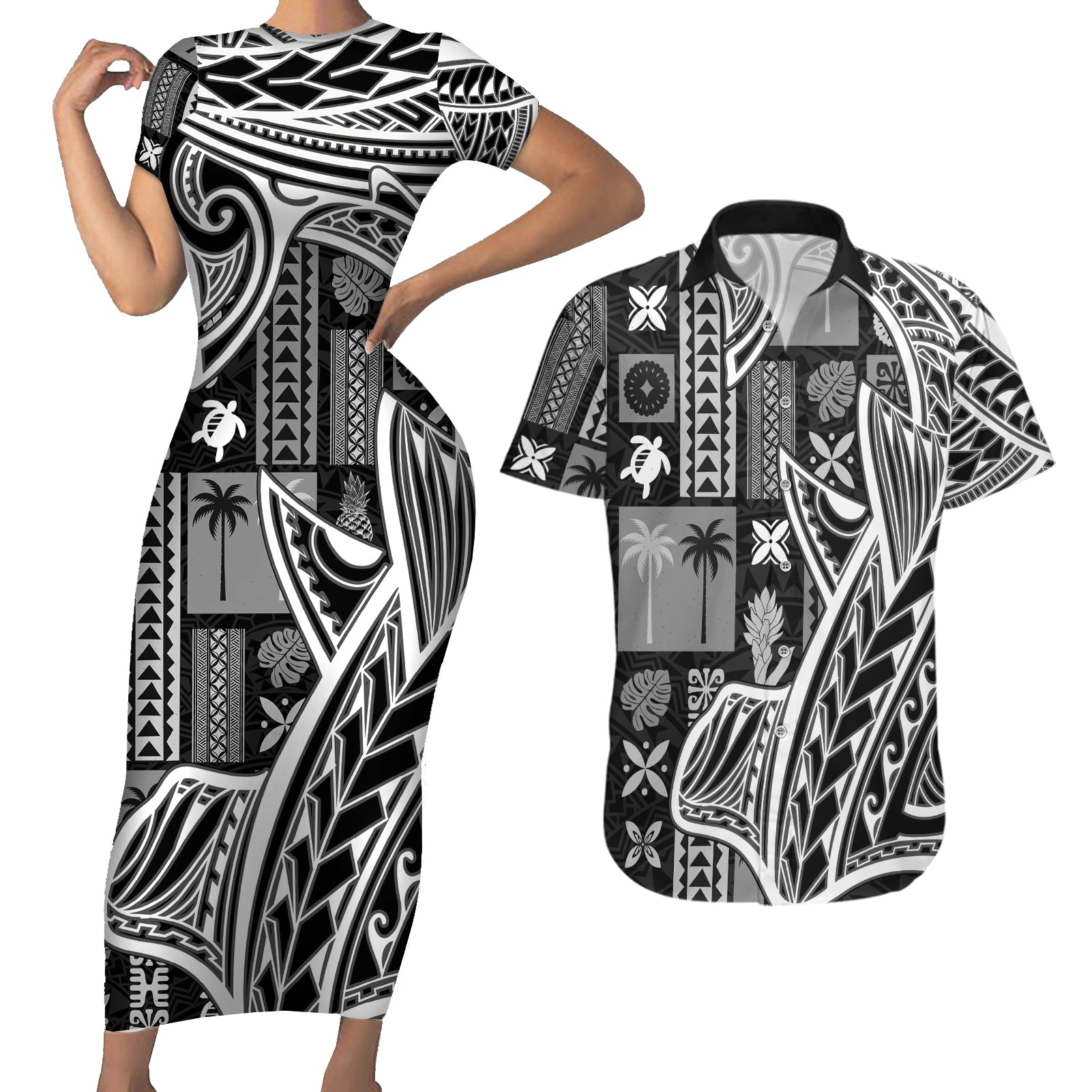 Samoa Tapa Couples Matching Short Sleeve Bodycon Dress and Hawaiian Shirt Siapo Mix Tatau Patterns - Black LT7 Black - Polynesian Pride