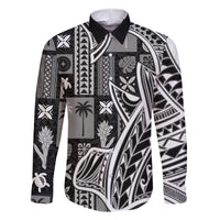 Samoa Tapa Family Matching Off Shoulder Long Sleeve Dress and Hawaiian Shirt Siapo Mix Tatau Patterns - Black LT7 Dad's Shirt - Long Sleeve Black - Polynesian Pride