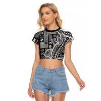 Samoa Tapa Raglan Cropped T Shirt Siapo Mix Tatau Patterns - Black LT7 Female Black - Polynesian Pride