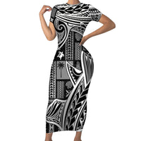 Samoa Tapa Short Sleeve Bodycon Dress Siapo Mix Tatau Patterns - Black LT7 Long Dress Black - Polynesian Pride