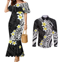 Hawaii Aloha Couples Matching Mermaid Dress and Long Sleeve Button Shirt Plumeria Vintage - Black LT7 Black - Polynesian Pride