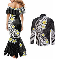 Hawaii Aloha Couples Matching Mermaid Dress and Long Sleeve Button Shirt Plumeria Vintage - Black LT7 - Polynesian Pride