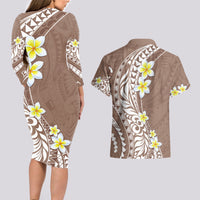 Hawaii Aloha Couples Matching Long Sleeve Bodycon Dress and Hawaiian Shirt Plumeria Vintage - Brown LT7 - Polynesian Pride