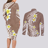 Hawaii Aloha Couples Matching Long Sleeve Bodycon Dress and Long Sleeve Button Shirt Plumeria Vintage - Brown LT7 - Polynesian Pride