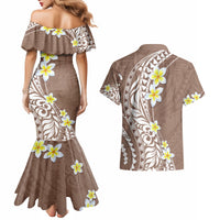 Hawaii Aloha Couples Matching Mermaid Dress and Hawaiian Shirt Plumeria Vintage - Brown LT7 - Polynesian Pride