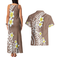 Hawaii Aloha Couples Matching Tank Maxi Dress and Hawaiian Shirt Plumeria Vintage - Brown LT7 - Polynesian Pride