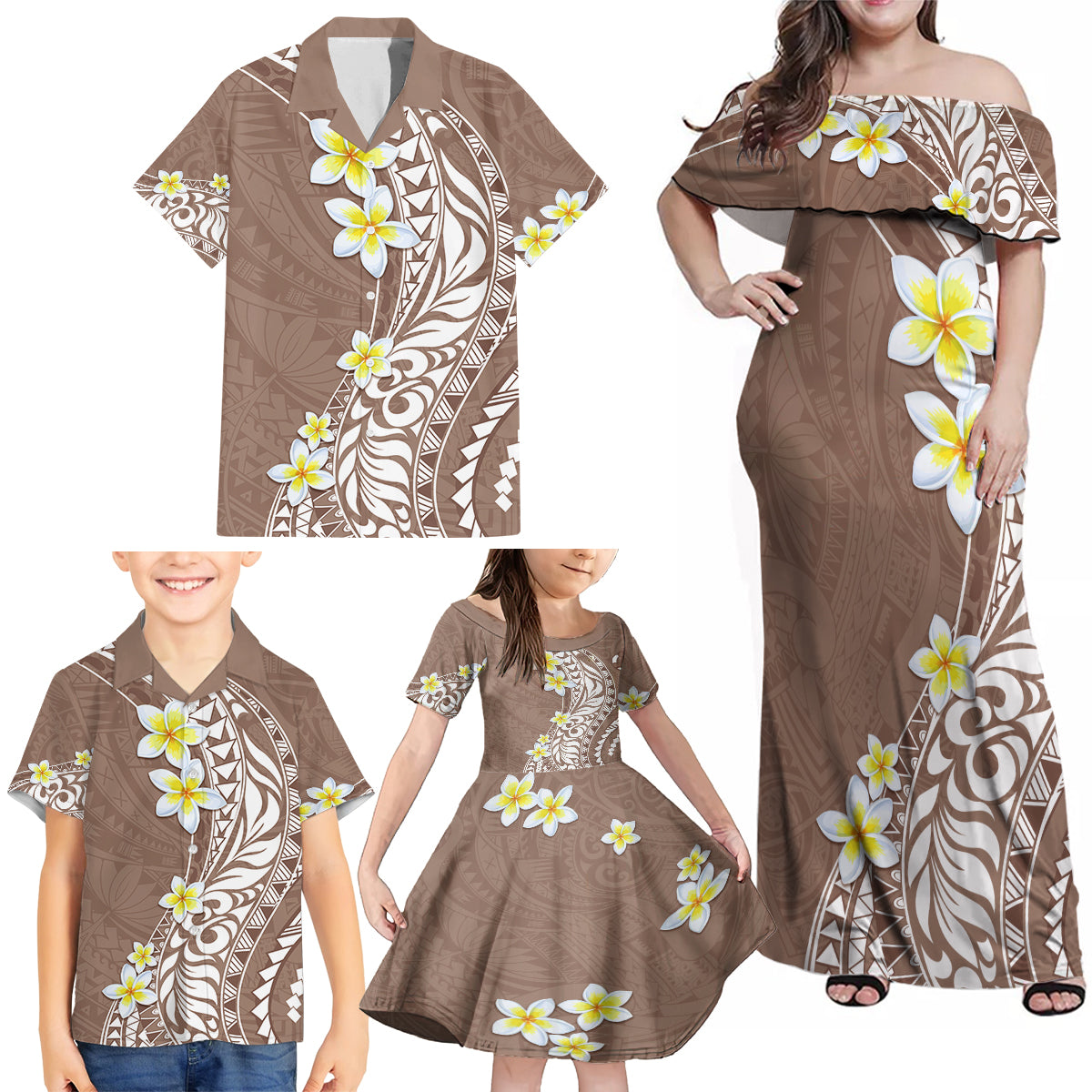 Hawaii Aloha Family Matching Off Shoulder Maxi Dress and Hawaiian Shirt Plumeria Vintage - Brown LT7 - Polynesian Pride