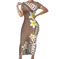 Hawaii Aloha Short Sleeve Bodycon Dress Plumeria Vintage - Brown LT7 Long Dress Brown - Polynesian Pride