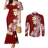 Hawaii Aloha Couples Matching Mermaid Dress and Long Sleeve Button Shirt Plumeria Vintage - Crimson LT7 Crimson - Polynesian Pride