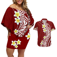 Hawaii Aloha Couples Matching Off Shoulder Short Dress and Hawaiian Shirt Plumeria Vintage - Crimson LT7 Crimson - Polynesian Pride