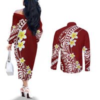 Hawaii Aloha Couples Matching Off The Shoulder Long Sleeve Dress and Long Sleeve Button Shirt Plumeria Vintage - Crimson LT7 - Polynesian Pride
