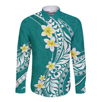 Hawaii Aloha Long Sleeve Button Shirt Plumeria Vintage - Teal LT7 Unisex Teal - Polynesian Pride