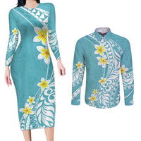 Hawaii Aloha Couples Matching Long Sleeve Bodycon Dress and Long Sleeve Button Shirt Plumeria Vintage - Turquoise LT7 Turquoise - Polynesian Pride
