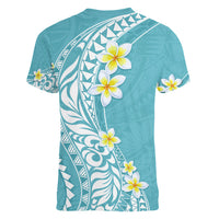Hawaii Aloha Women V Neck T Shirt Plumeria Vintage - Turquoise LT7 - Polynesian Pride