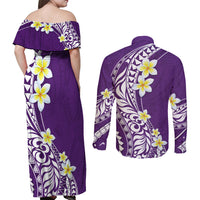 Hawaii Aloha Couples Matching Off Shoulder Maxi Dress and Long Sleeve Button Shirt Plumeria Vintage - Violet LT7 - Polynesian Pride