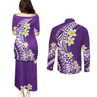 Hawaii Aloha Couples Matching Puletasi Dress and Long Sleeve Button Shirt Plumeria Vintage - Violet LT7 - Polynesian Pride