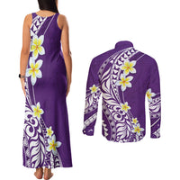 Hawaii Aloha Couples Matching Tank Maxi Dress and Long Sleeve Button Shirt Plumeria Vintage - Violet LT7 - Polynesian Pride