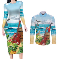 Aloha Honolulu Festival Couples Matching Long Sleeve Bodycon Dress and Long Sleeve Button Shirt Ukulele By The Shore