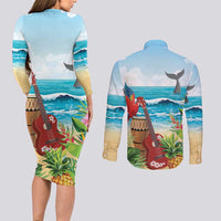 Aloha Honolulu Festival Couples Matching Long Sleeve Bodycon Dress and Long Sleeve Button Shirt Ukulele By The Shore