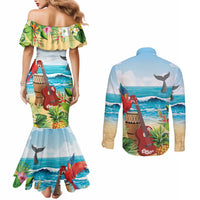 Aloha Honolulu Festival Couples Matching Mermaid Dress and Long Sleeve Button Shirt Ukulele By The Shore