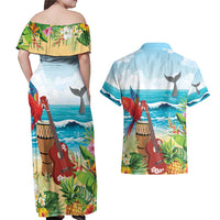 Aloha Honolulu Festival Couples Matching Off Shoulder Maxi Dress and Hawaiian Shirt Ukulele By The Shore