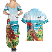 Aloha Honolulu Festival Couples Matching Summer Maxi Dress and Hawaiian Shirt Ukulele By The Shore