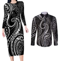 Polynesia Plumeria Lei Couples Matching Long Sleeve Bodycon Dress and Long Sleeve Button Shirt Black Curves Motif
