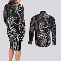 Polynesia Plumeria Lei Couples Matching Long Sleeve Bodycon Dress and Long Sleeve Button Shirt Black Curves Motif