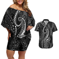 Polynesia Plumeria Lei Couples Matching Off Shoulder Short Dress and Hawaiian Shirt Black Curves Motif