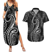 Polynesia Plumeria Lei Couples Matching Summer Maxi Dress and Hawaiian Shirt Black Curves Motif
