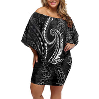 Polynesia Plumeria Lei Family Matching Off Shoulder Short Dress and Hawaiian Shirt Black Curves Motif