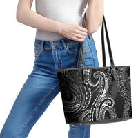 Polynesia Plumeria Lei Leather Tote Bag Black Curves Motif