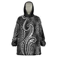 Polynesia Plumeria Lei Wearable Blanket Hoodie Black Curves Motif