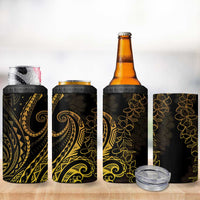 Polynesia Plumeria Lei 4 in 1 Can Cooler Tumbler Black Gold Curves Motif