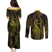 Polynesia Plumeria Lei Couples Matching Puletasi and Long Sleeve Button Shirt Black Gold Curves Motif