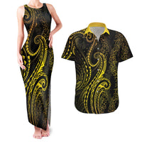 Polynesia Plumeria Lei Couples Matching Tank Maxi Dress and Hawaiian Shirt Black Gold Curves Motif