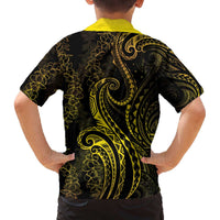 Polynesia Plumeria Lei Family Matching Off The Shoulder Long Sleeve Dress and Hawaiian Shirt Black Gold Curves Motif LT7 - Polynesian Pride
