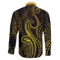 Polynesia Plumeria Lei Family Matching Off The Shoulder Long Sleeve Dress and Hawaiian Shirt Black Gold Curves Motif LT7 - Polynesian Pride