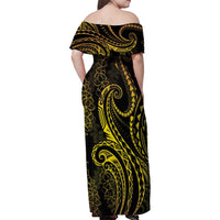 Polynesia Plumeria Lei Family Matching Off Shoulder Maxi Dress and Hawaiian Shirt Black Gold Curves Motif
