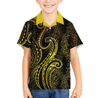 Polynesia Plumeria Lei Family Matching Short Sleeve Bodycon Dress and Hawaiian Shirt Black Gold Curves Motif LT7 Son's Shirt Gold - Polynesian Pride