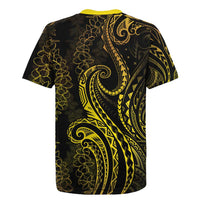 Polynesia Plumeria Lei Rugby Jersey Black Gold Curves Motif