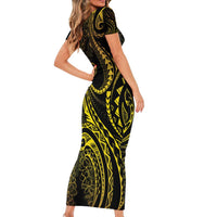 Polynesia Plumeria Lei Short Sleeve Bodycon Dress Black Gold Curves Motif