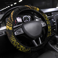 Polynesia Plumeria Lei Steering Wheel Cover Black Gold Curves Motif