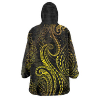 Polynesia Plumeria Lei Wearable Blanket Hoodie Black Gold Curves Motif