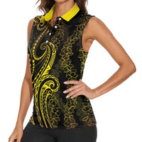 Polynesia Plumeria Lei Women Sleeveless Polo Shirt Black Gold Curves Motif
