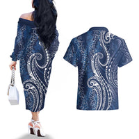 Polynesia Plumeria Lei Couples Matching Off The Shoulder Long Sleeve Dress and Hawaiian Shirt Navy Blue Curves Motif LT7 - Polynesian Pride
