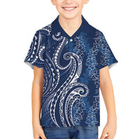 Polynesia Plumeria Lei Family Matching Long Sleeve Bodycon Dress and Hawaiian Shirt Navy Blue Curves Motif LT7 Son's Shirt Navy Blue - Polynesian Pride