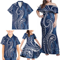Polynesia Plumeria Lei Family Matching Off Shoulder Maxi Dress and Hawaiian Shirt Navy Blue Curves Motif