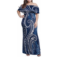 Polynesia Plumeria Lei Family Matching Off Shoulder Maxi Dress and Hawaiian Shirt Navy Blue Curves Motif
